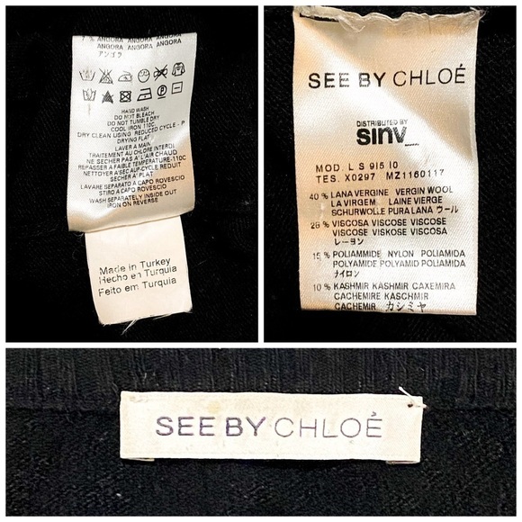 See by Chloe black sweater, tunic length woo/cashmerel blend sweater with flower - Picture 10 of 12